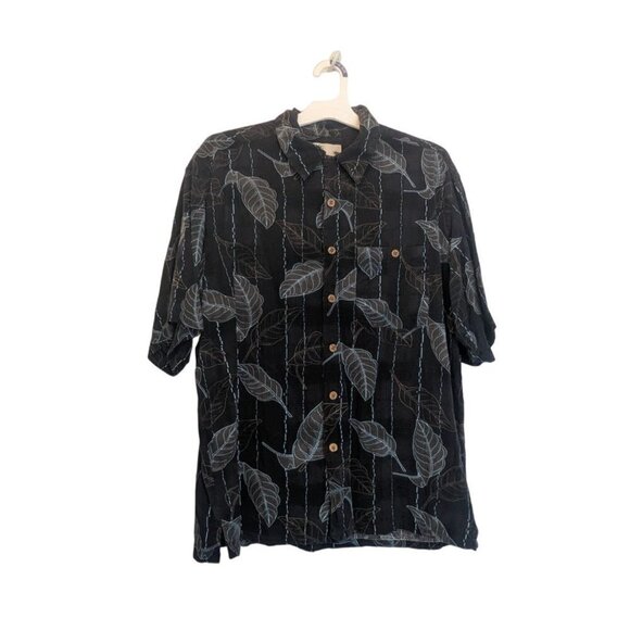 Banana Cabana Bahama L Black Tan Aqua Leaf 100% Silk Hawaiian Button Camp Shirt - Picture 1 of 4